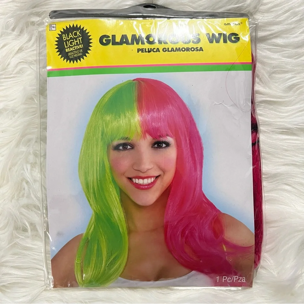 Glam Neon pink and green Wig Black Light Reactive Colors NEW costume Halloween